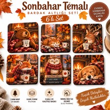 Kids Town Sonbahar Temalı 6’lı Kare Bardak Altlığı Seti – 9x9 cm 3 mm Mdf Uv Baskı – Cozy Hayvan Desenli