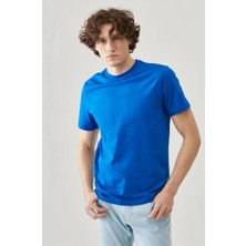 Erkek Tişört Kısa Kol Düz Bisikilet Yaka Oversize T-Shirt - Mavi