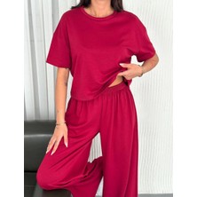 Kadın Osy Modal Yumuşak Dokulu Kumaş Bisiklet Yaka T-Shirt Bol Paça Pantolon Ikili Takım -Bordo