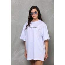 Kadın Baskılı T-Shirt Kısa Kol Bisiklet Yaka Oversize Rahat Kalıp Günlük Tişört - Beyaz