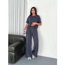 Kadın Osy Modal Yumuşak Dokulu Kumaş Bisiklet Yaka T-Shirt Bol Paça Pantalon Ikili Takım -Antrasit
