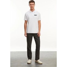 Erkek Polo Yaka Düğmeli Tişört Pike Baskılı T-Shirt - Beyaz