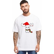 Yılbaşı Noel Ren Geyiği Baskılı Kısa Kollu Oversize Bisiklet Yaka T-Shirt - Beyaz