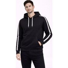 Erkek Şeritli Kapüşonlu Sweatshirt Oversize 3 Iplik Pamuklu Hoodei - Siyah