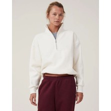 Kadın 3 Iplik Pamuklu Oversize Yarım Fermuarlı Yakalı Basic Sweatshirt - Beyaz