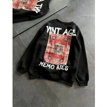Kadın Bisiklet Yaka 3 Iplik Pamuklu Baskılı Oversize Sweatshirt - Siyah