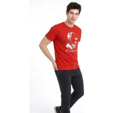 Erkek Atatürk Baskılı Tişört Kısa Kollu Bisiklet Yaka T-Shirt - Kırmızı