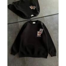 Kadın Bisiklet Yaka Kilim Halı Baskılı 3 Iplik Pamuklu Sweatshirt - Siyah