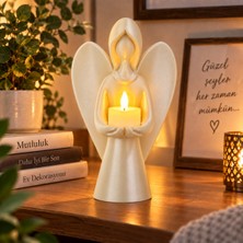 Piyatech Melek Mumluk Dekoratif Siyah Melek Biblo Mumluk Pilli LED Mum Hediyeli 22,5X15 cm - Beyaz