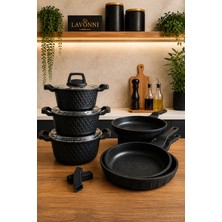 Lavonni Obsidyen Prestige Plus Set 9 Parça Döküm Granit Tencere ve Tava Seti 16-18-20 cm Derin Tencere 20-24-28 cm Tava Siyah Yapışmaz Yüzey