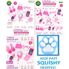 Oyuncak Sahili Güzellik Seti ve Kedi Pati Sukuşi Hediyeli 7 Parça Terlik Makyaj Çantası Gözlük Ayna Saat Tarak Telefon Evcilik Oyunları Squishy Oyuncak Set
