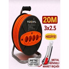 Toxval 3 x 2,5 20 M Sertifikalı Makaralı Seyyar Uzatma Kablosu 4 Prizli ( Dörtlü )