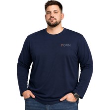 Battal Moda Erkek Büyük Beden Lacivert Form Baskılı Uzun Kollu Tişört 3xl-4xl-5xl-6xl