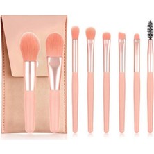 Munico Basit Çizgili Taşınabilir Mini Makyaj Fırça Seti (8 Parça) + Kese, Pembe, 1 Set