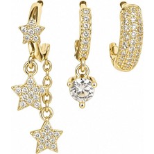 Nes Design Üçlü Taşlı Sallantılı Yıldız Gold Küpe