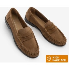 Marjin Kadın Hakiki Deri Oval Burun Makosen Dikişli Büzgülü Loafer Günlük Ayakkabı Lefora Camel Süet