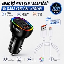 Schitec 3 Portlu Araç Şarj Aleti ve 6A 120W Usba To Type-C Hızlı Data ve Şarj Kablosu Beyaz Hediye