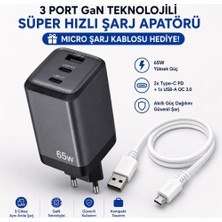 Schitec 65W Gan 3 Çıkışlı Hızlı Şarj Başlığı  ve 67W Usba To Micro Data ve Hızlı Şarj Kablosu 1m Beyaz Hediye
