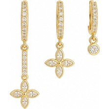 Nes Design Üçlü Taş Sallantılı Çiçek Gold Küpe
