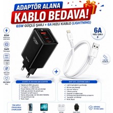Schitec Gan 65W Ultra Hızlı Şarj Cihazı 3 Çıkışlı Hızlı Şarj Aleti Başlığı ve 67W Usba To Lightning Data ve Hızlı Şarj Kablosu 1m Beyaz Hediye