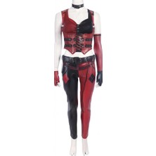Mucize Harley Quinn Cosplay Kostümü - Kırmızı Siyah Deri Detaylı Komple Set ( Xs Beden )