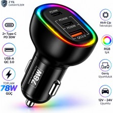 Schitec 78W 3 Portlu Araç Şarj Aleti Çift Type-C Pd 30W + USB Qc 3.0 Hızlı Şarj Rgb Işıklı Hg/cc-10