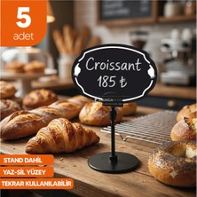 Damga Market Siyah Yaz Sil Etiket Elips Tasarım Yuvarlak Ayaklı Standlı 5 Adet Kafe Pastane Masaüstü