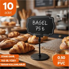 Damga Market Siyah Yaz Sil Etiket Yuvarlatılmış Dikdörtgen Yuvarlak Ayaklı Standlı 10 Adet Kafe Pastane Masaüstü