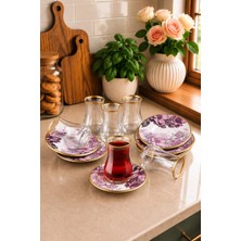 Pinkev Petunia 6 Kişilik Seramik Tabaklı Çay Bardağı Seti
