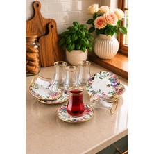 Pinkev Flora 6 Kişilik Seramik Tabaklı Çay Bardağı Seti