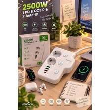 Munico 2 Adet 2500W USB Type-C Çoklayıcı Priz 2 Soket 5 Şarj Girişli Çocuk Korumalı Masaüstü Priz
