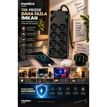 Munico 8 Prizli Çoklayıcı 2 Type-C 2 USB Şarj Çıkışlı Akım Korumalı Tek Tuş Kontrollü