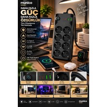 Munico 2 Adet Çok Fonksiyonlu 8'li Priz Type-C USB Çıkışlı Termal Korumalı Anahtarlı Çoklayıcı