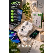 Munico 2 Adet 2500W Akım Korumalı Çoklu Priz 2 Priz 2 Type-C 3 USB Çıkışlı Hızlı Şarj Çoklayıcı