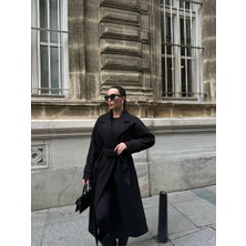 Serhane Oversize Kruvaze Yaka Kuşaklı Premium Kaban