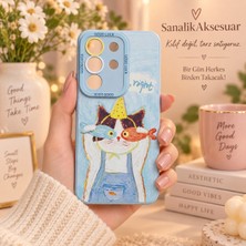 Sanalik Aksesuar Vivo Y29 Uyumlu Şanslı Pati Renkli Kedi Desenli Kamera Korumalı Telefon Kılıfı
