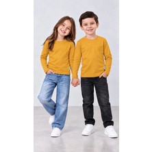 %100 Pamuk Unisex Çocuk Bisiklet Yaka Uzun Kollu Basic Badi 2-10 Yaş