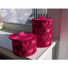 TeknoKapsül 3D Baskı Kalp Kapaklı Dekoratif Saklama Kutusu Takı Aksesuar Organizer Kavanoz Dalgalı Desen Fuşya