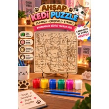 Genç 3D Ahşap Kedi Puzzle 25 Parça Çerçeveli Standlı Boyanabilir Eğitici Yapboz Seti + 6 Renk Boya ve 2 Fırça