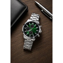 Pileli Store Erkek Gümüş Renk Metal Kordon Analog Kol Saati Takvim Göstergeli Yeşil Siyah Kadran - Gümüş