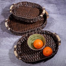 Neva Home Wicker Serisi 3’lü Hasır Örme Oval Tepsi Seti