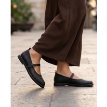 Futsi Shoes Sora Siyah Hakiki Floter Deri Rahat Kalıp Mary Jane Tokalı Kadın Babet