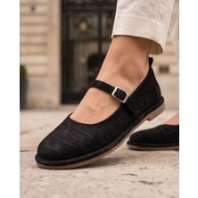 Futsi Shoes Sora Siyah Hakiki Kroko Süet Deri Rahat Kalıp Mary Jane Tokalı Kadın Babet
