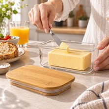 Neva Home Bambu Kapaklı Borosilikat Cam Tereyağı Kavanozu 12 × 8 × 5 Cm, Dikdörtgen Şeffaf Tereyağlık, Contalı Kapak, Kahvaltılık Saklama ve Sunum Kabı, 1 Adet