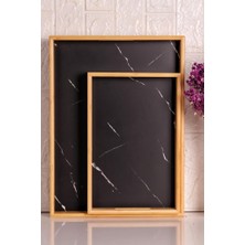 Neva Home Bambum Marbella - 2`li Mermer Desenli Tepsi Siyah Büyük Küçük