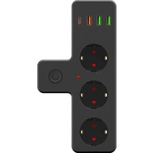 Neva Home Akım Korumalı Priz, 3 Schuko Soket, 4 USB Bağlantı Noktası, Çocuk Güvenlik Korumalı, Termal Koruma Özellikli, Siyah
