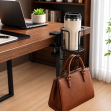 Neva Home Masa Kenarı Bardak Tutucu ve Kulaklık Askısı, Kelepçeli Metal Masa Içecek Tutucu, Ayarlanabilir Masa Bardaklığı, Kahve Kupası, Termos ve Su Şişesi Için Ofis Oyuncu Masası Organizer Siyah