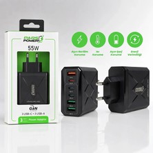 Pars Power 55W Gan Teknolojili Süper Hızlı Şarj Cihazı, 6 Portlu, 3 Adet Type-C ve 3 Adet Usb-A Girişli, 6 Portlu Şarj Adaptör