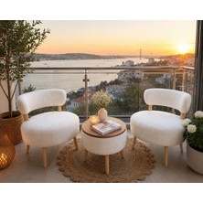 Adanur Design Çay Seti Ikili Koltuk Berjer ve Puf Takımı 3 Takım Krem-Beyaz(Balkon,salon,ofis ve Bahçe Takımı