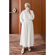 Modestim Kadın Ekru Rahat Kesim Ikili Takım Geniş Paça Beli Lastikli Pantolon Bluz Tunik Kombin